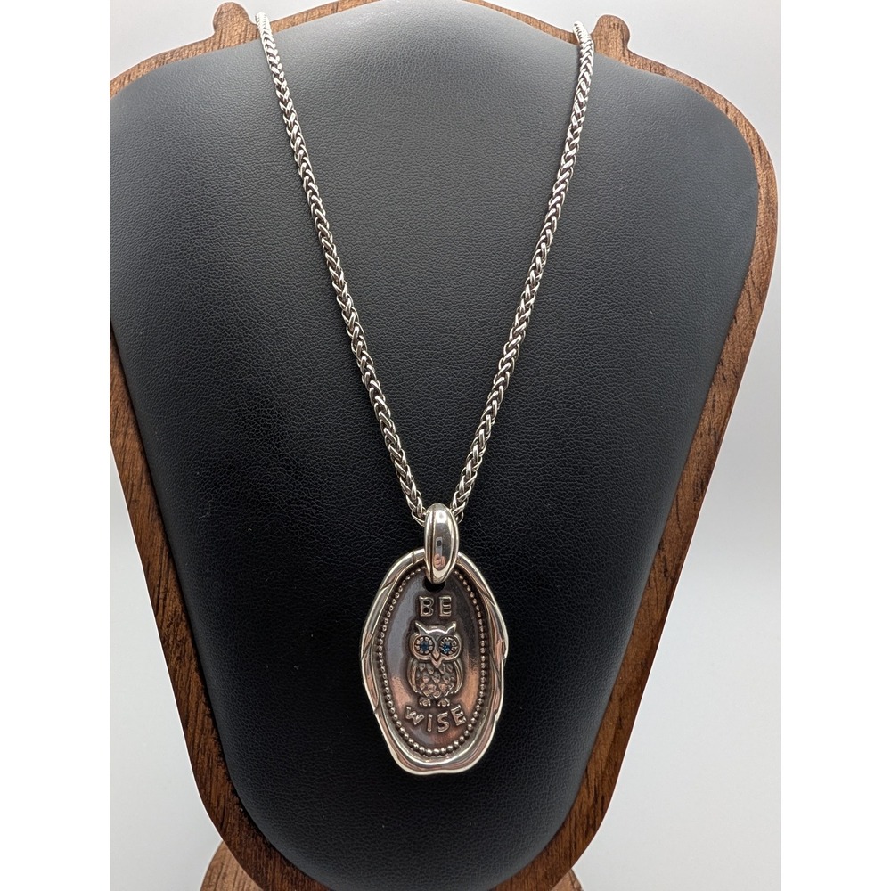 Brighton Be Wise Owl Wisdom Pendant Necklace Silver Tone Wheat Chain Blue Eyes